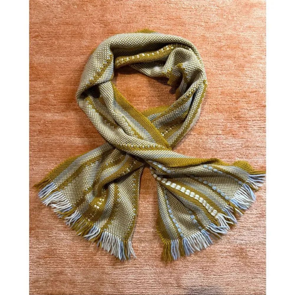 Madewell Woven Fringe Scarf Green Gray Ivory Striped Acrylic Women